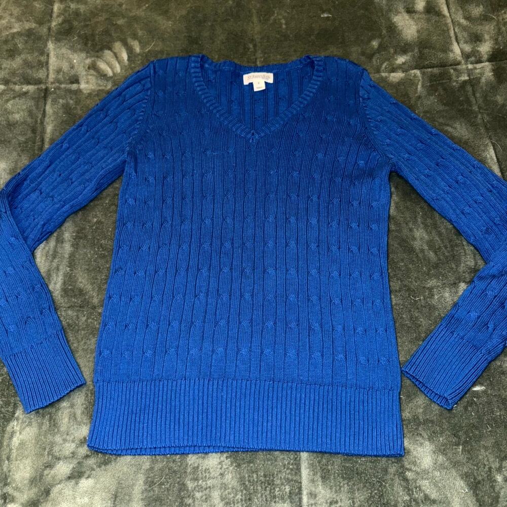 St. John’s Bay Sweater Womens Small Blue Cable Knitted V-Neck Winter Long Sleeve